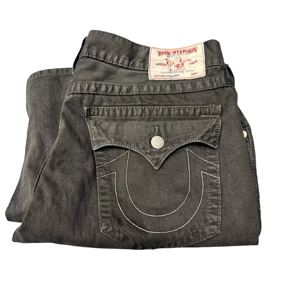 True Religion Jeans Mens 40 (41x33 ACTUAL) Straight w/ Flap Black Denim Pants